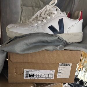 Veja V-10 White Sneakers with Blue and Red Details